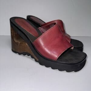 Candie’s Platform Chunky Wood Cutout Wedge Sandal Red Leather Size 7 Y2k 90s